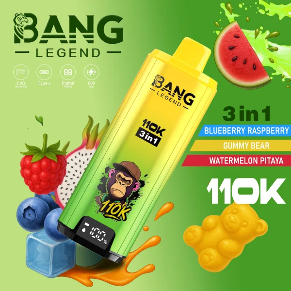 Bang Legend 110K Puffs 3 in 1 Disposable Vape Flavors-Blueberry Raspberry & Gummy Bear & Watermelon Pitaya