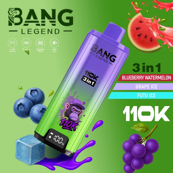 Bang Legend 110K Puffs 3 in 1 Disposable Vape Flavors-Blueberry Watermelon& Grape Ice & Futu Ice