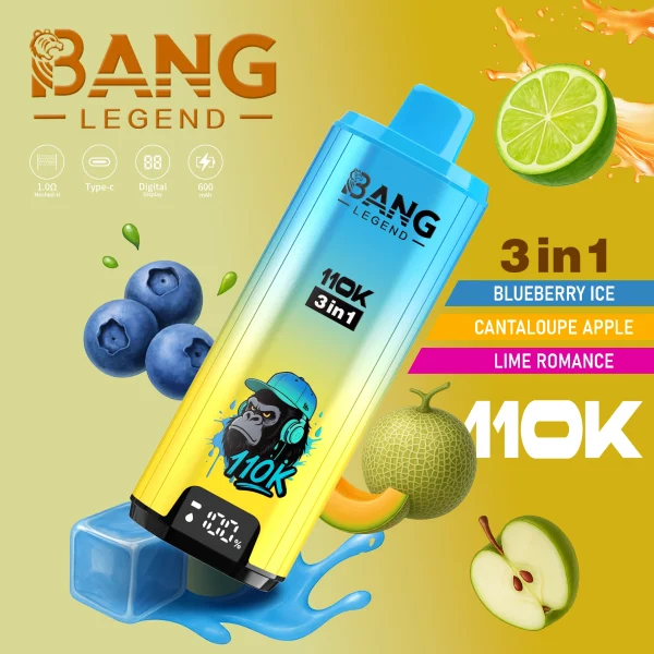 Bang Legend 110K Puffs 3 in 1 Disposable Vape Flavors-Blueberry Ice & Cantaloupe Apple & Lime Romance