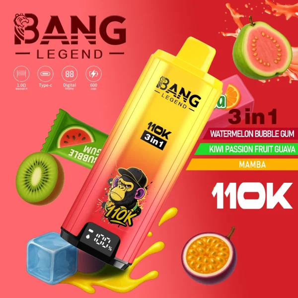 Bang Legend 110K Puffs 3 in 1 Disposable Vape Flavors-Watermelon Bubble Gum & Kiwi Passion Fruit Guava & Mamba