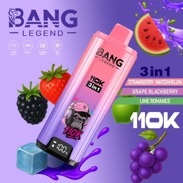 Bang Legend 110K Puffs 3 in 1 Disposable Vape Flavors-Strawberry Watermelon & Grape Blackberry & Lime Romance
