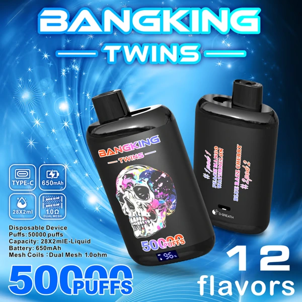 cash on delivery Bang King Twins 50K Disposable Vape – Dual Flavor System | 50,000 Puffs | Skull design | Rock and roll | Dark black gothic style
